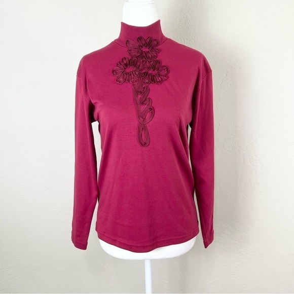Vintage Adolfo Sport Burgundy Red 3D Ribbon Flower Mock Shirt Size Small‎ - Picture 1 of 13